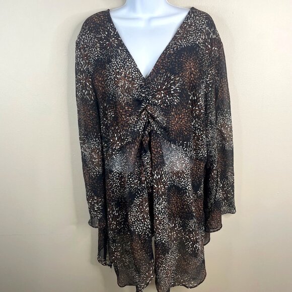 Lane Bryant Bohemian Dark Floral Tunic Top 22 24 Sheer Flare Sleeve Chiffon - Picture 1 of 9
